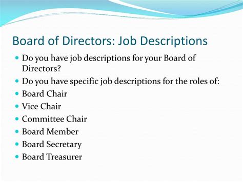 People in this position develop and implement strategies and plans to communicate a company's message. PPT - Non-Profit Board of Directors PowerPoint ...
