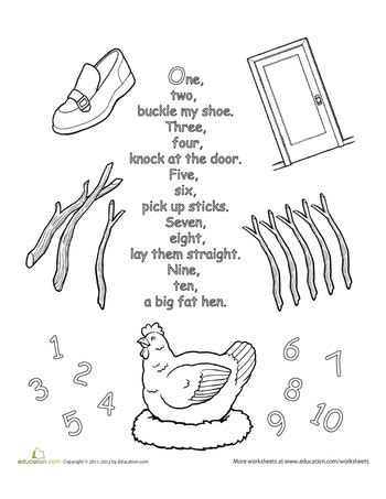 One, two, buckle my shoe is a great nursery rhyme for combining beginning spelling and math. Worksheets: Nursery Rhyme Coloring: One, Two, Buckle My ...
