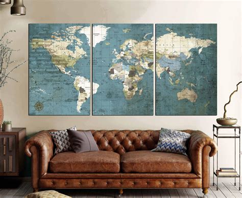 Large World Map Vintage Canvas Printworld Map Wall Artworld Map Push