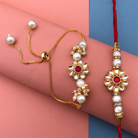 Kundan Flower Design Bracelet And Dora Rakhi Combo Buy Online Bhaiya