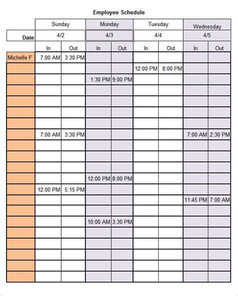 Work Schedule Templates 12 Free Printable Word Excel And Pdf Formats