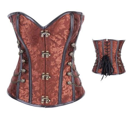 Brown Brocade Boned Lace Up Steampunk Corset Steel Chain Bustier Costume Outfit Ebay Corsets
