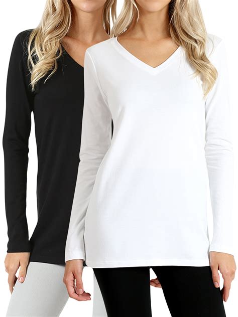 Thelovely Women Casual Basic Cotton Loose Fit V Neck Long Sleeve T