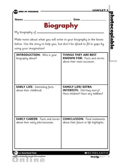 Biography Planning Grid Primary Ks2 Teaching Resource Scholastic