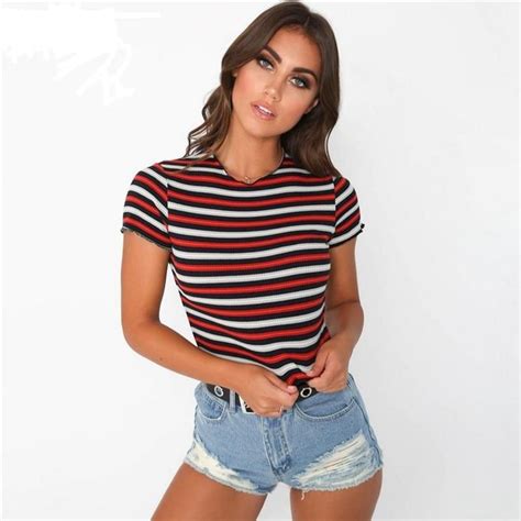 Stripe Crop T Shirt Womens Stripes Crop Top Shirts Stretch Crop Tops