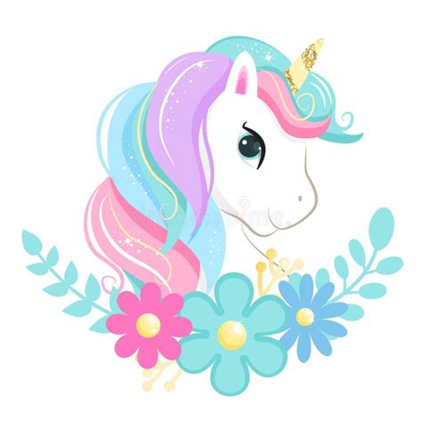 Cute Magic Cartoon Unicorn Head With Flowers Illustration For Children