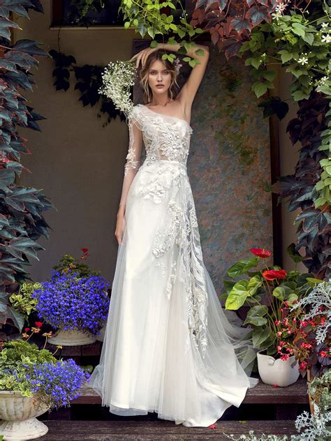 One Shoulder Wedding Dress With Asymmetrical Floral Embroidery