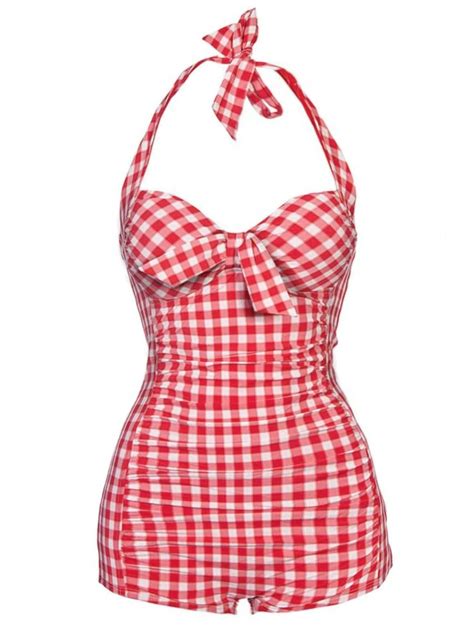 Pre Sale Red Plaid Halter One Piece Swimsuit Retro Stage Chic