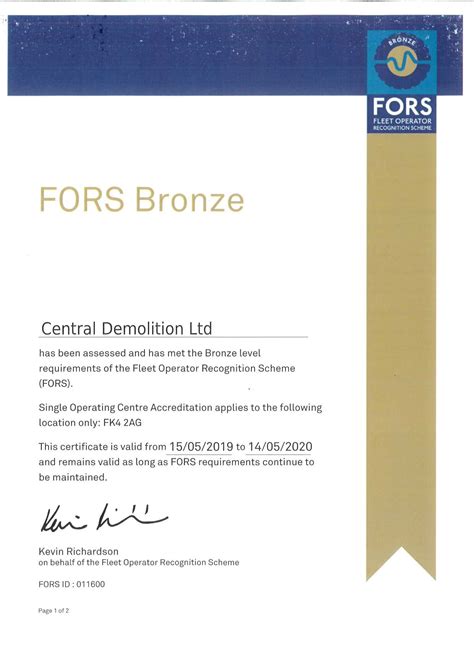 Fors Bronze Level Accreditation Achieved Central Demolition Ltd