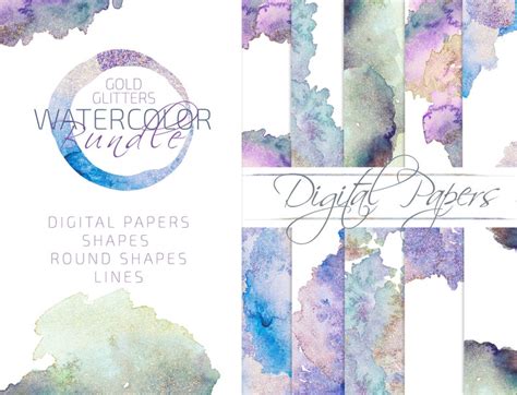 Watercolor Clipart Bundle With Gold Glitter Digital Papers Etsy