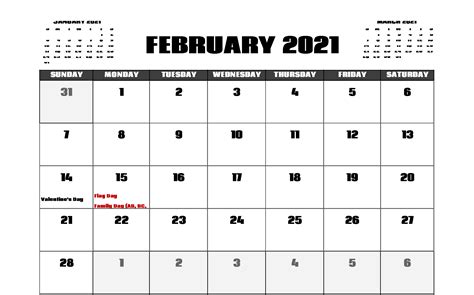 Free Printable February Holidays 2021 Calendar Template