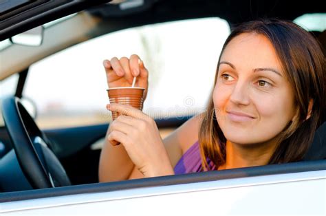 Woman Enjoying Coffee In Her Car Stock Image Image Of Late Drinking 29186203