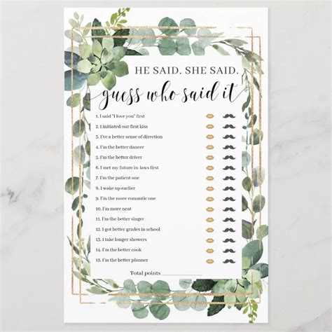 He Said She Said Bridal Shower Game Printed Emmaline Bride