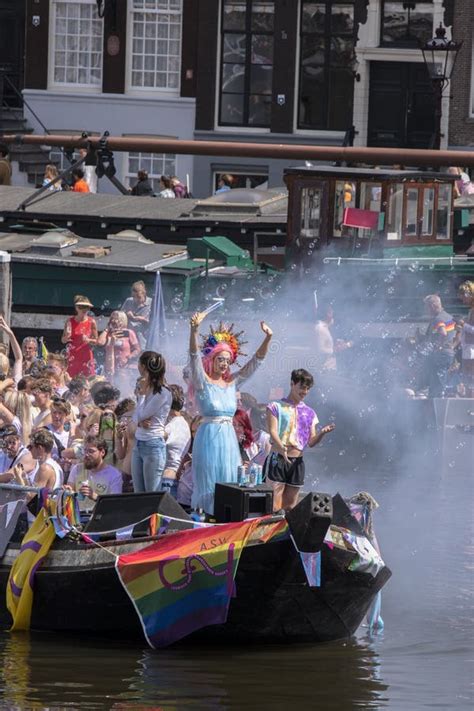 close up asv gay boat at the gaypride canal parade with boats at amsterdam the netherlands 6 8