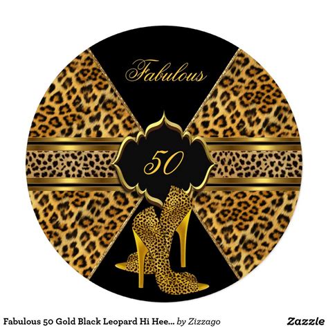 Fabulous 50 Gold Black Leopard Hi Heels Birthday Invitation 50th