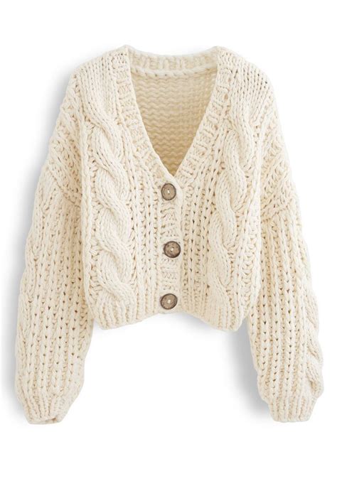 V Neck Crop Hand Knit Chunky Cardigan In Cream Knit Cardigan Outfit