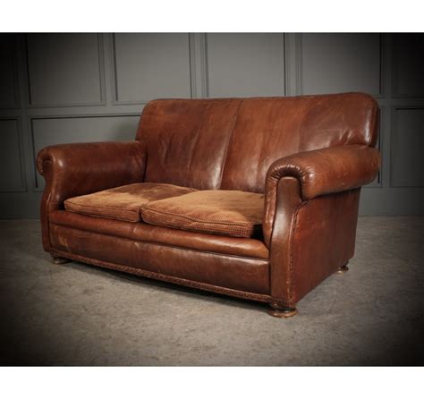 Vintage Brown French Leather Club Sofa