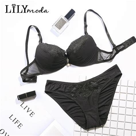 Lilymoda Women Sexy Bra Set Lace Pearl Fold Underwire Push Up Cup