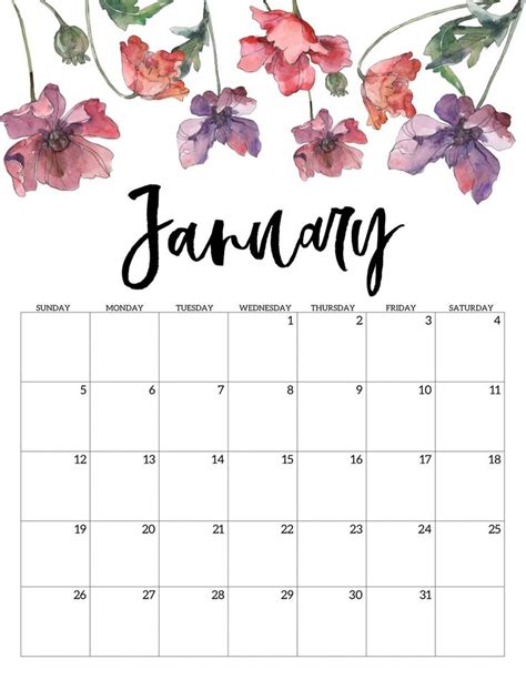 2020 January Floral Calendar Print Calendar Monthly Calendar