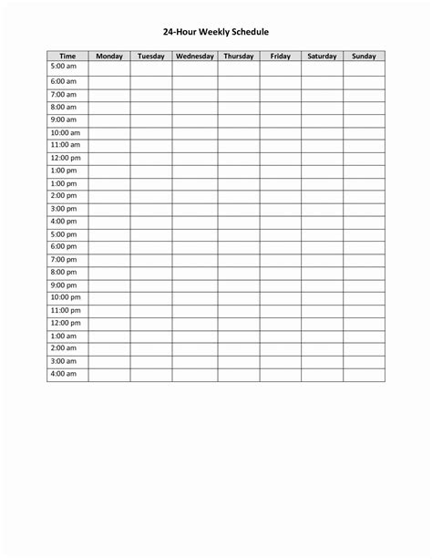 24 Hour Schedule Template Excel