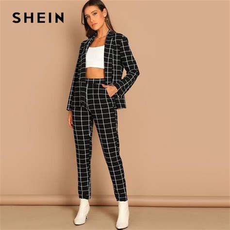 Shein Black Stretchy Grid Print Shawl Collar Plaid Long Sleeve Blazer