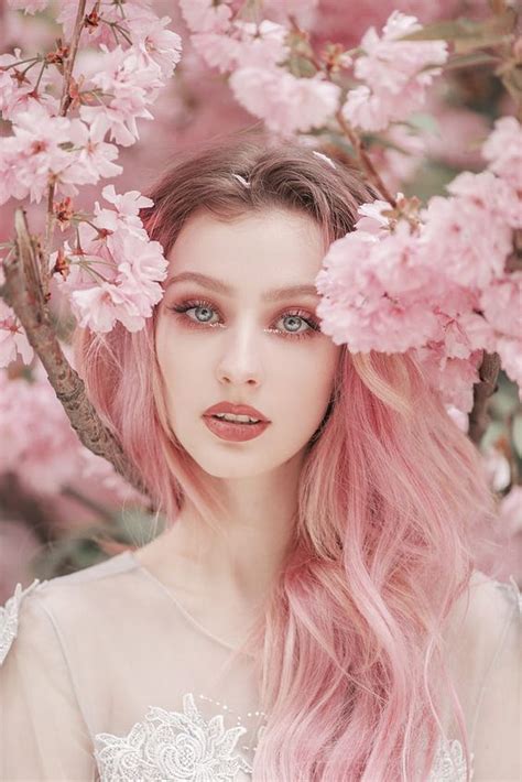 Cherry Blossom Beauty Photography Pink Hair Portrait