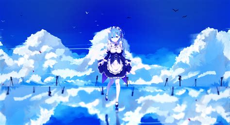 Wallpaper Sunlight Anime Girls Reflection Sky Winter Blue Re