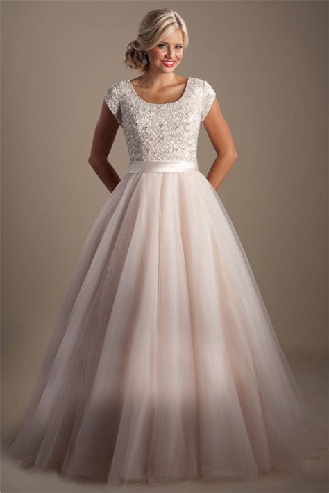 Modest A Line Scoop Neck Cap Sleeve Blush Pink Tulle Beaded Wedding