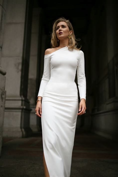 Rehearsal Dinner Bridal Dress White Long Sleeve One Shoulder Maxi Dress
