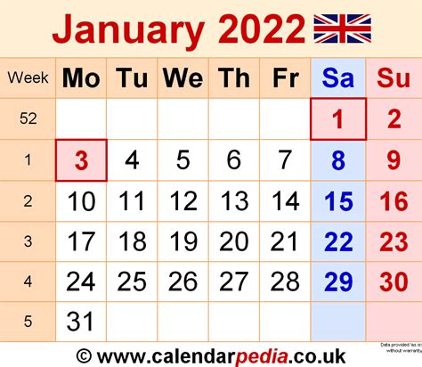 Calendar January 2022 Uk With Excel Word And Pdf Templates