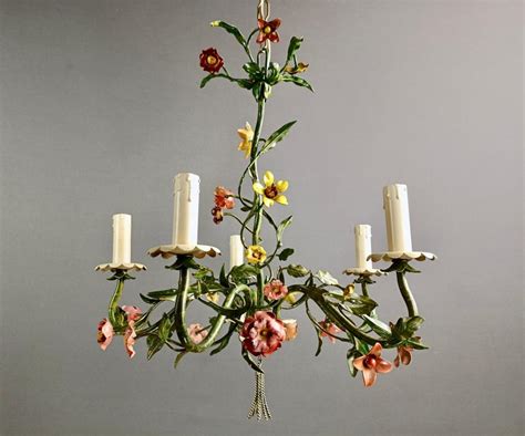 1950s Italian Hand Decorated Tole Floral Five Light Chandelier At 1stdibs