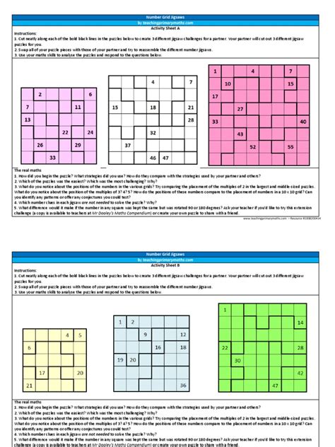 Number Grid Jigsaws Puzzles Pedagogy