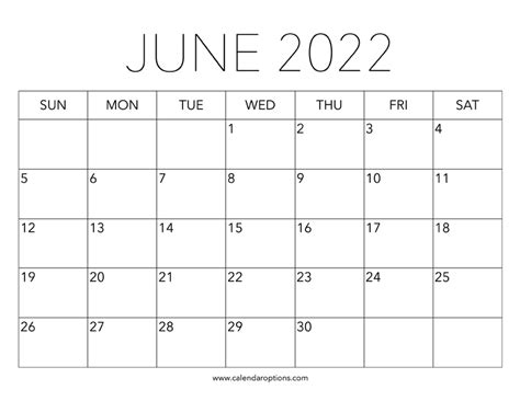 Printable June 2022 Calendar Calendar Options