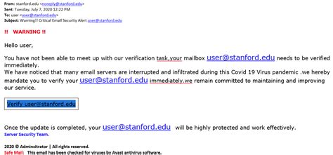 Phishing Email Example Warning Critical Email Security Alert