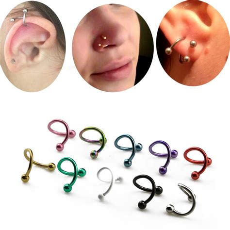 2pcs S Shape Surgical Steel Spiral Twisted Lip Ring Nose Rings 16 Gauge Ear Cartilage Helix