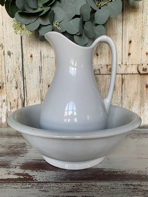 Antique White Ironstone Wash Basin And Large Pitcher By Meakin Etsy