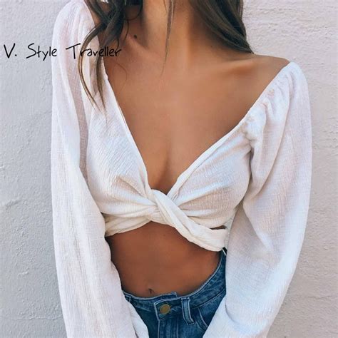 Sexy Deep V Cropped Blouse Summer Style Crop Top Women Shirt Casual