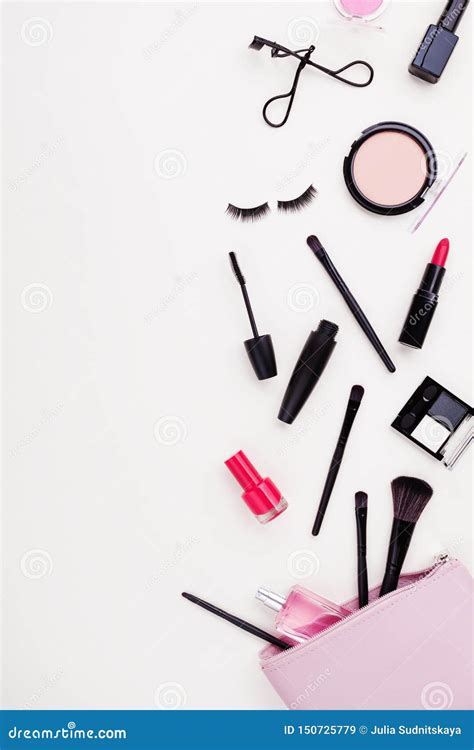 Woman Makeup Background With Beauty Products And Cosmetics Top View And Flat Lay Style Stock
