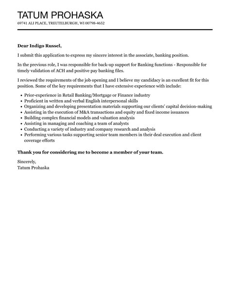 Associate Banking Cover Letter Velvet Jobs