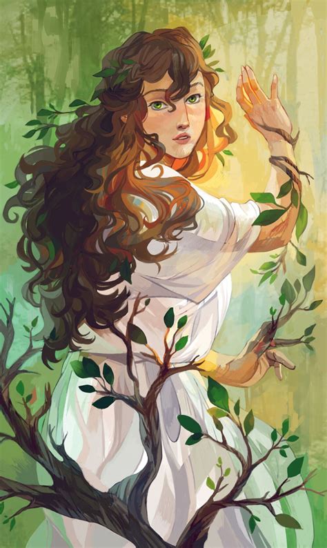 A Painting Of A Woman With Long Hair Standing In Front Of A Tree And Holding Her Hands Out