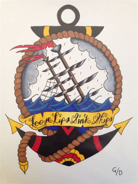 Traditional Anchor Tattoo Flash Loose Lips Sink Ships Copic Markers