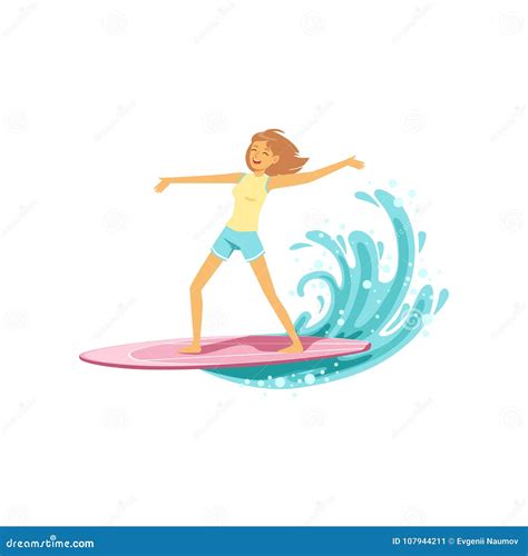 Happy Surf Girl With Surfboard Riding A Wave Water Extreme Sport