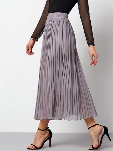 Grey Elastic Waist Pleated Chiffon Skirt Shein Sheinside