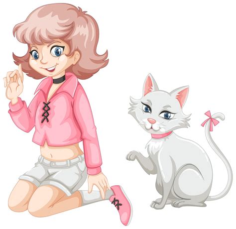 Cute Girl And White Cat 297010 Vector Art At Vecteezy