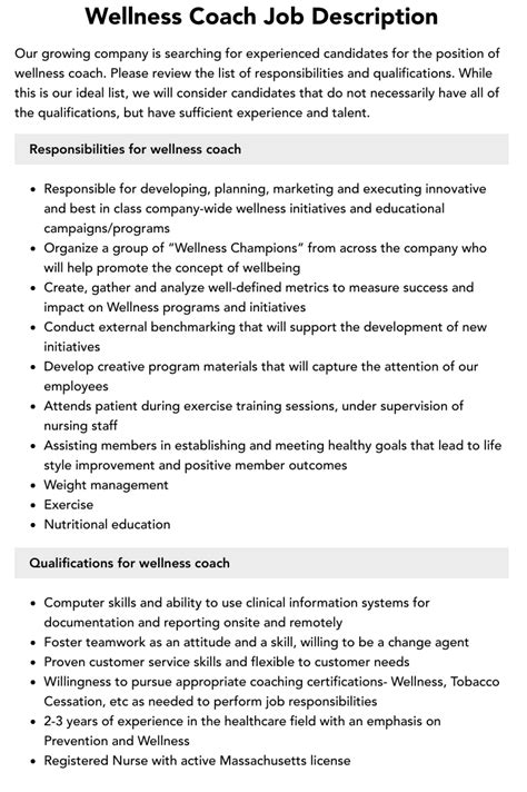 Wellness Coach Job Description Velvet Jobs