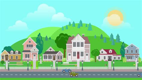 Flat Cartoon City Town Suburb Day With Mountains On Background Looped