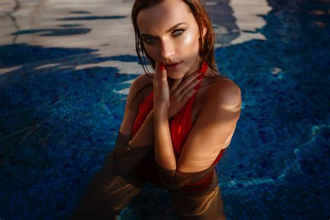Wallpaper Women Red Bikini Brunette Portrait Swimming Pool Red Nails Gray Eyes Wet Body