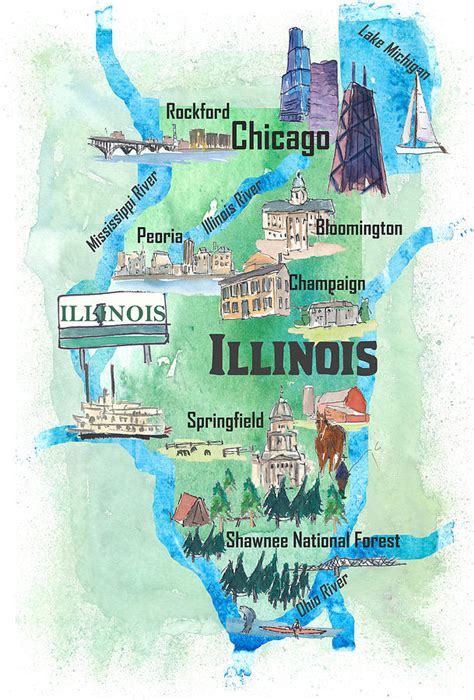 Illinois Usa State Illustrated Travel Poster Favorite Tourist Map