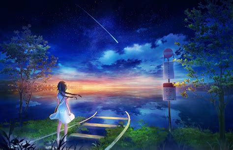 Download 2000x1287 Anime Girl Railway Falling Star