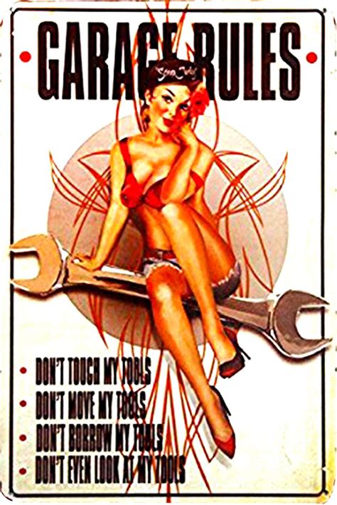 Garage Rules Wrench Pin Up Girl Tin Metal Sign 0382a Metal Tin Signs And